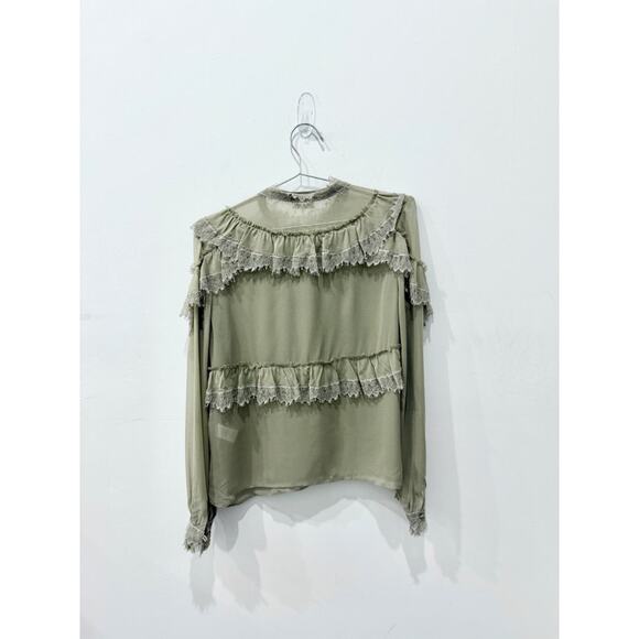 LoveShackFancy Ruffle Lace Trim Clara Silk Blouse Raffia Brown Womens Sze Medium - Picture 3 of 5